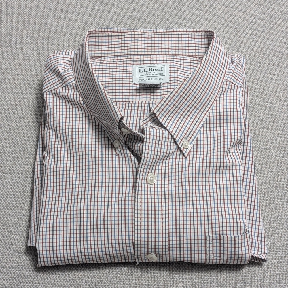 L.L.Bean Men's Dress Shirt 18-33 Red Blue Plaid 100% Cotton Button Down